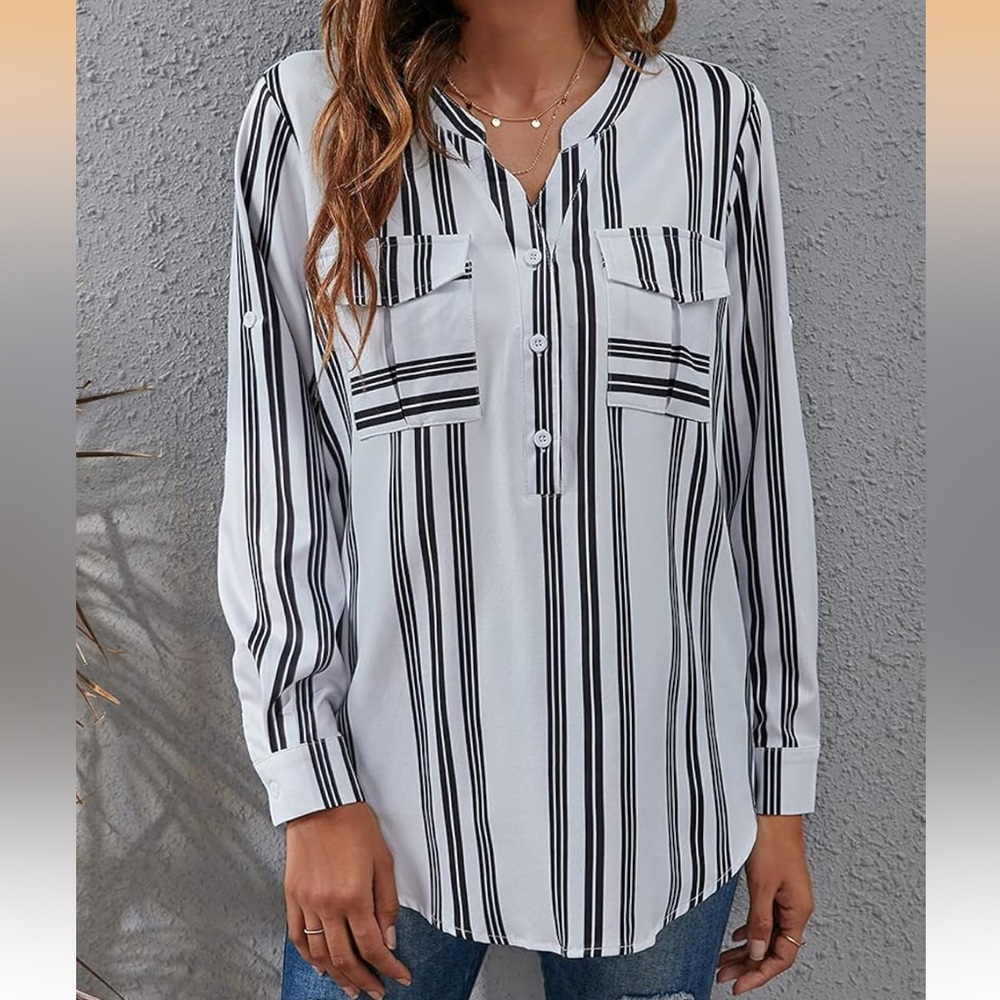 Top Shirt Stripes Lightweight Buttons Long Sleeves 3/4 Sleeves Roll-Up Cuffs 2XL - Picture 2 of 12